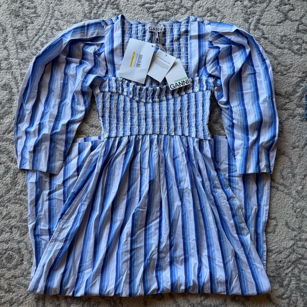 Ganni Blue and White Ruched Puff Sleeve Sundress